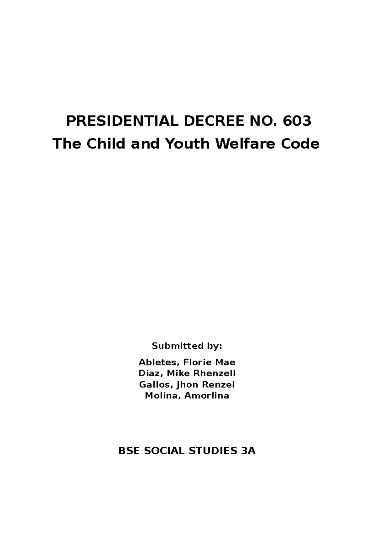 PD 603 - Child and Youth Welfare Code Overview and Key Articles - Studocu