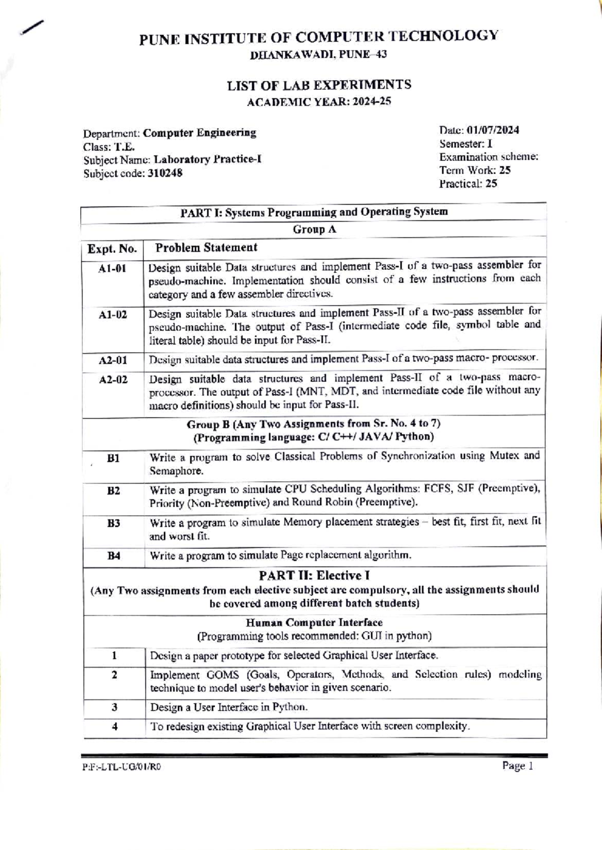 Laboratory Experiments List for 310248 - AY 2024-25 Sem 1 - Studocu
