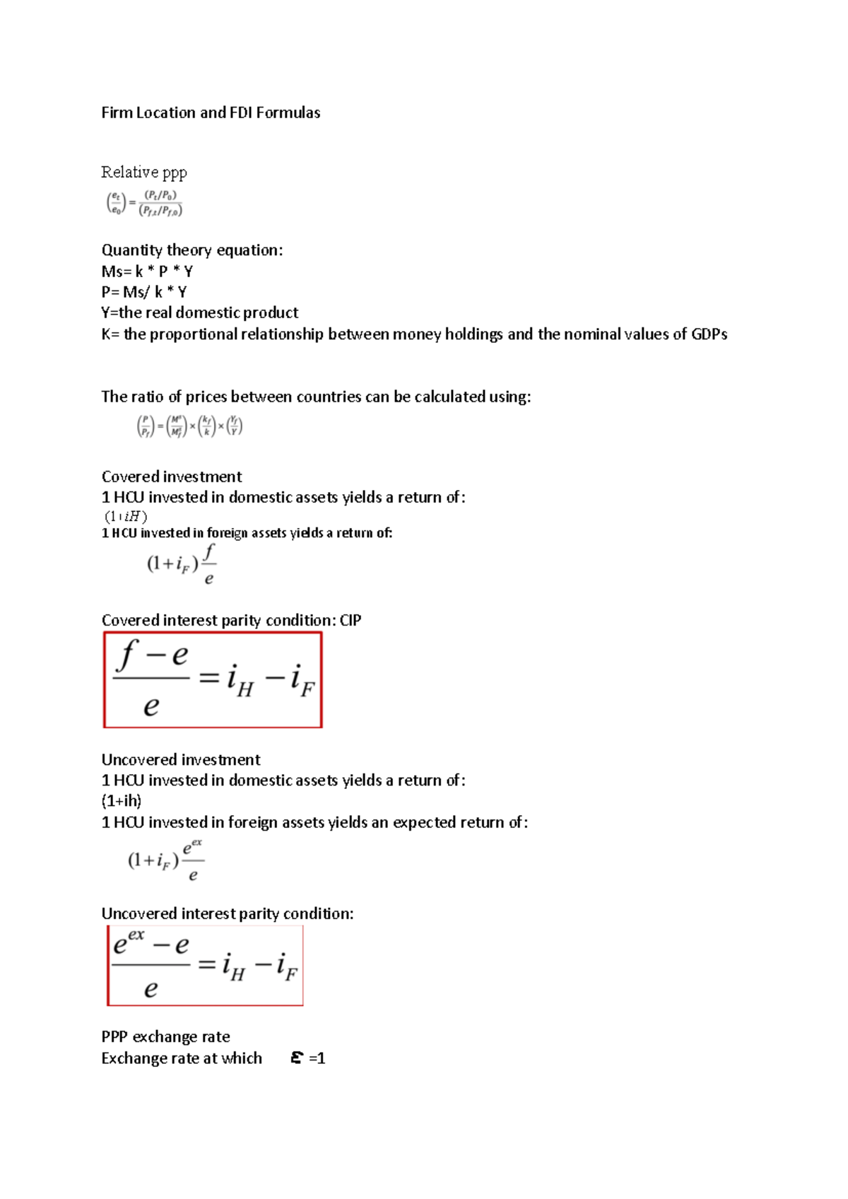 Firm Location & FDI Formulas: Key Equations and Concepts - Studeersnel