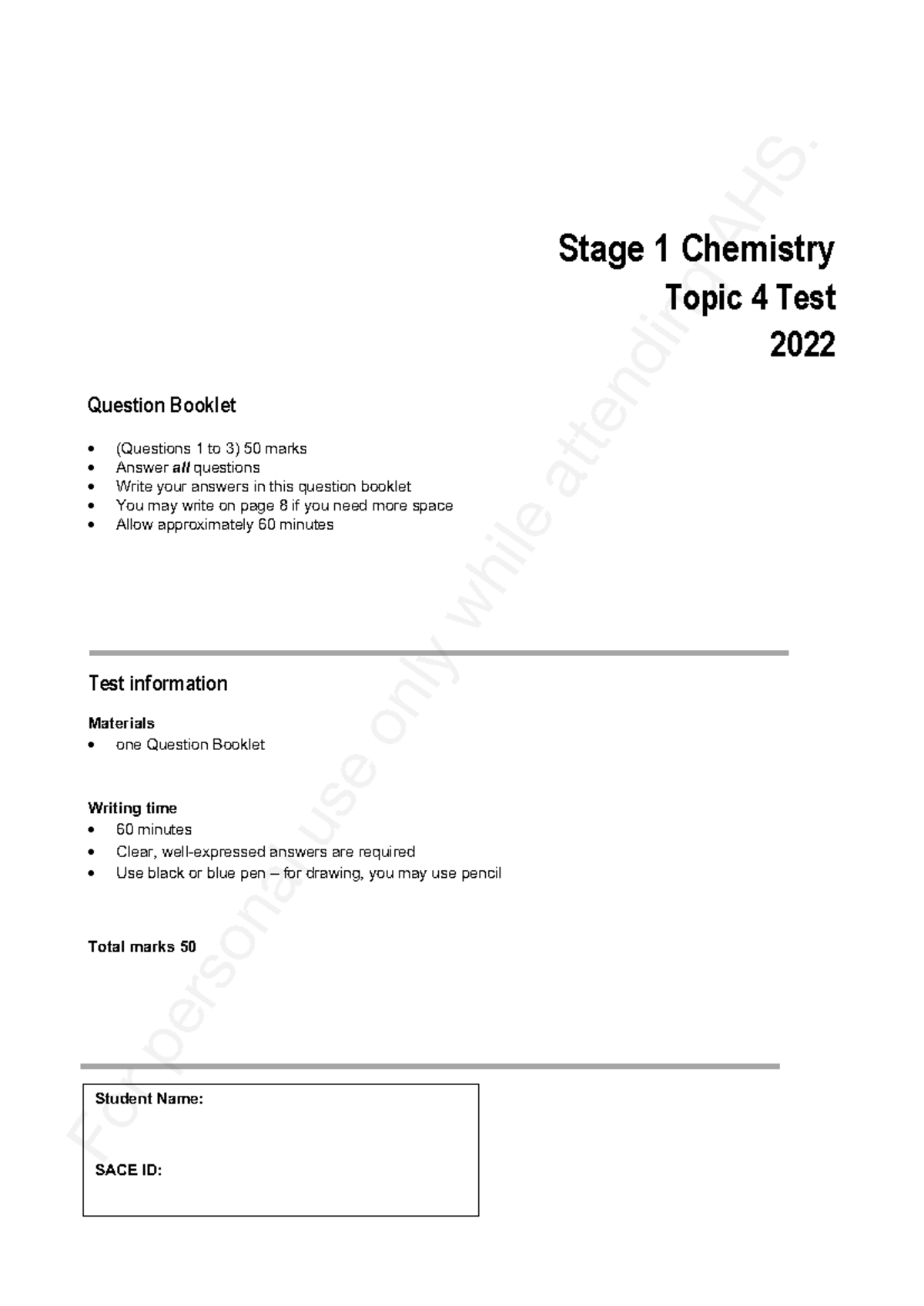11C S2 Chemistry Stage 1 Topic 4 Test 2022 Q&A - Studocu