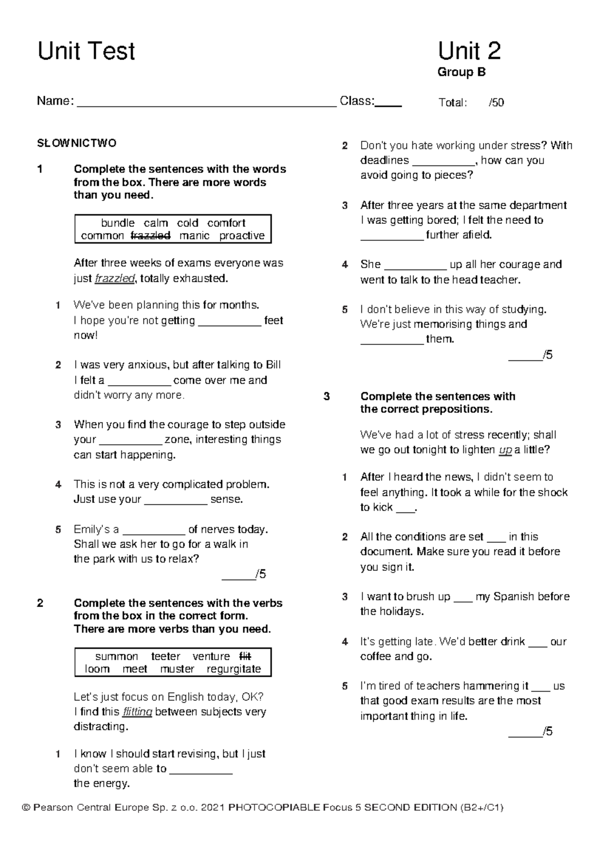 Focus 5 2E Unit Test - Unit 2 for Group B (B2+/C1) - Studocu