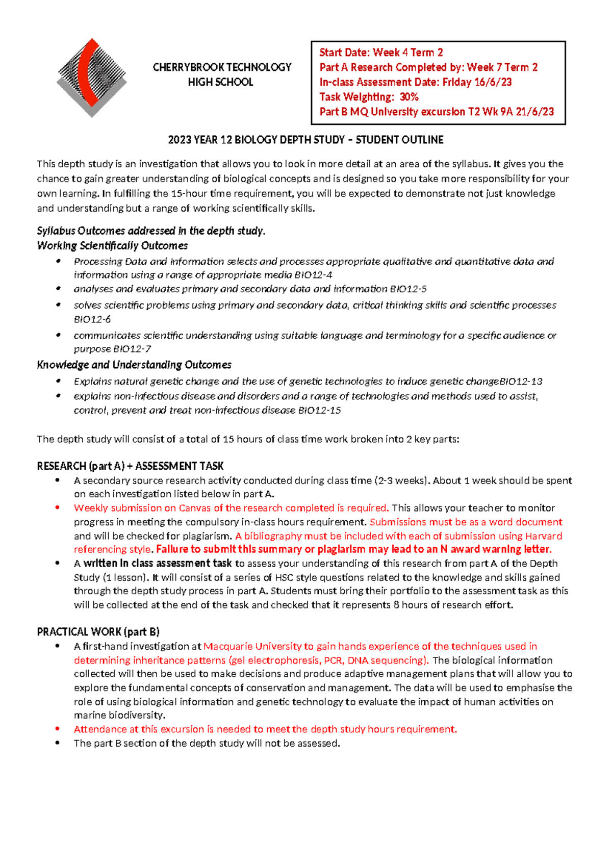 2023 Yr 12 Biology Depth Study Outline: Final Guide - Studocu