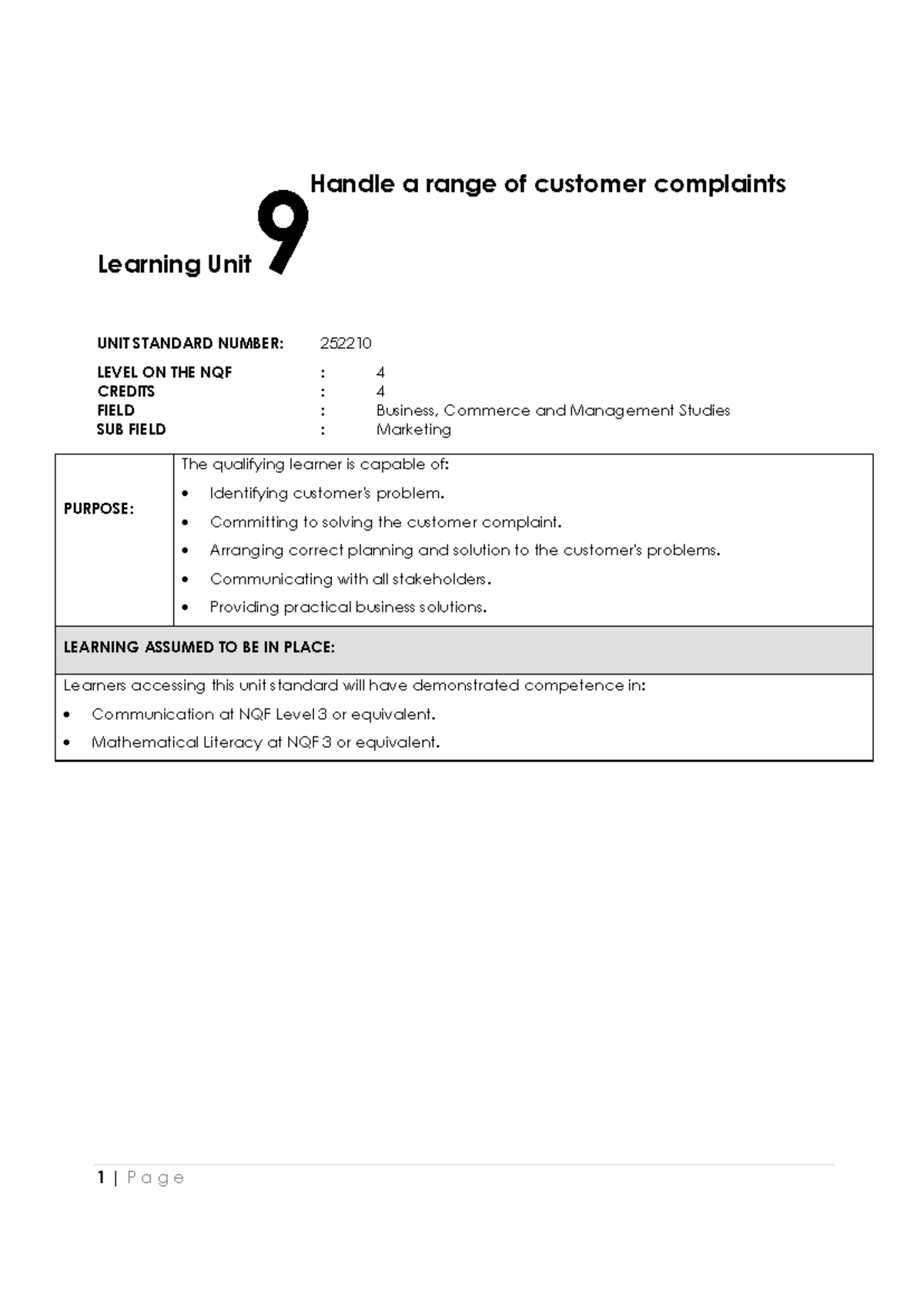 Handle Customer Complaints Effectively - BUS 252210 - Unit Standard 4 ...