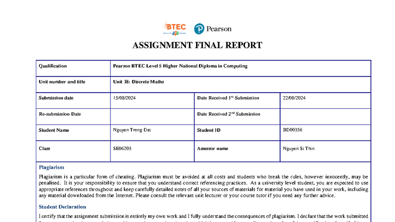 SE06203 Final Assignment Report: Discrete Maths Analysis by Nguyen Dat ...