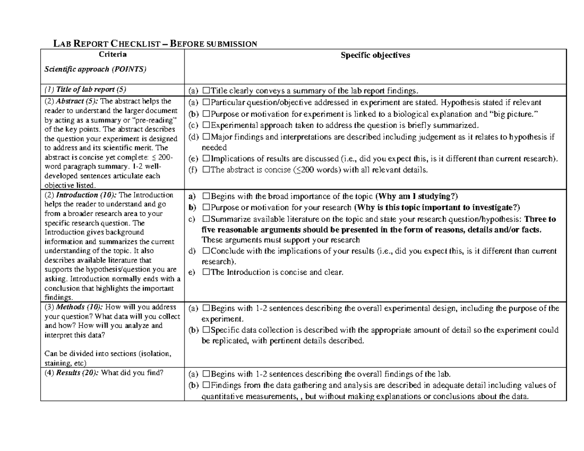 Lab Report Checklist 2024: Submission Criteria & Objectives - Studocu