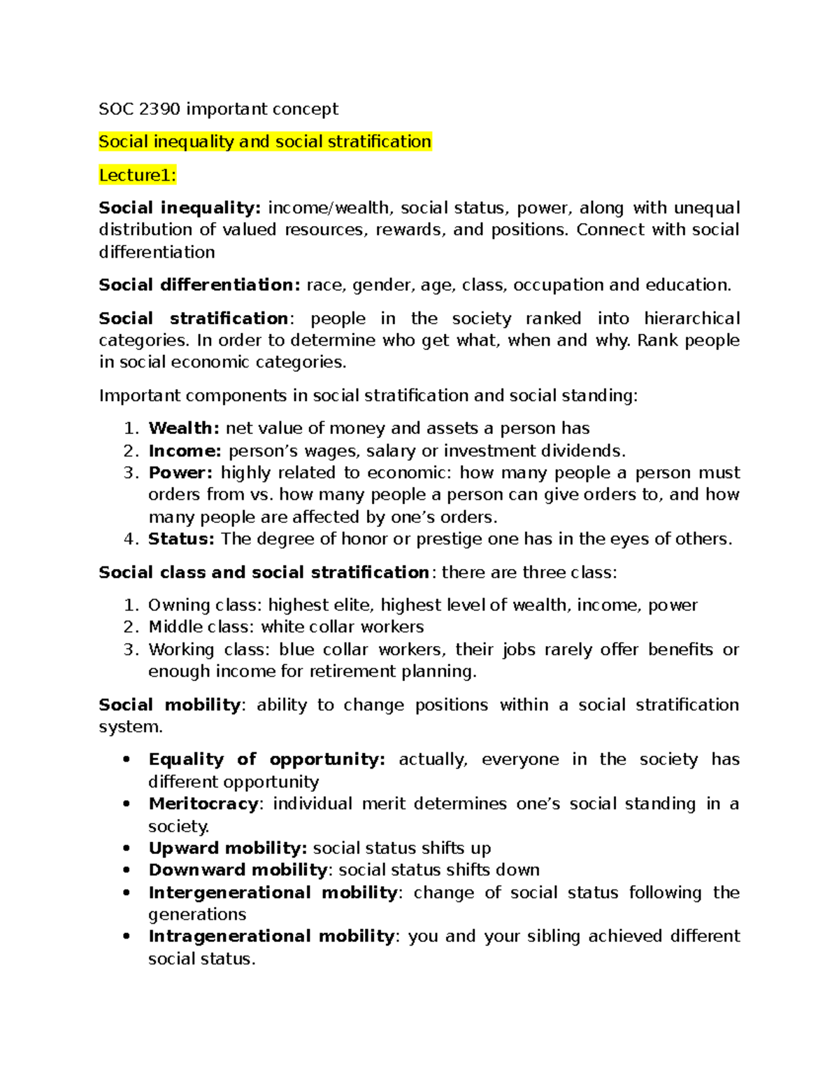 SOC 2390 Final Exam: Key Concepts in Social Inequality and Mobility ...