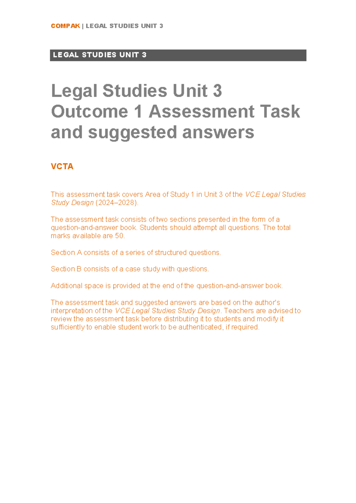 Compak Legal Studies Unit 3 AOS 1 Assessment Task & Answers - Studocu
