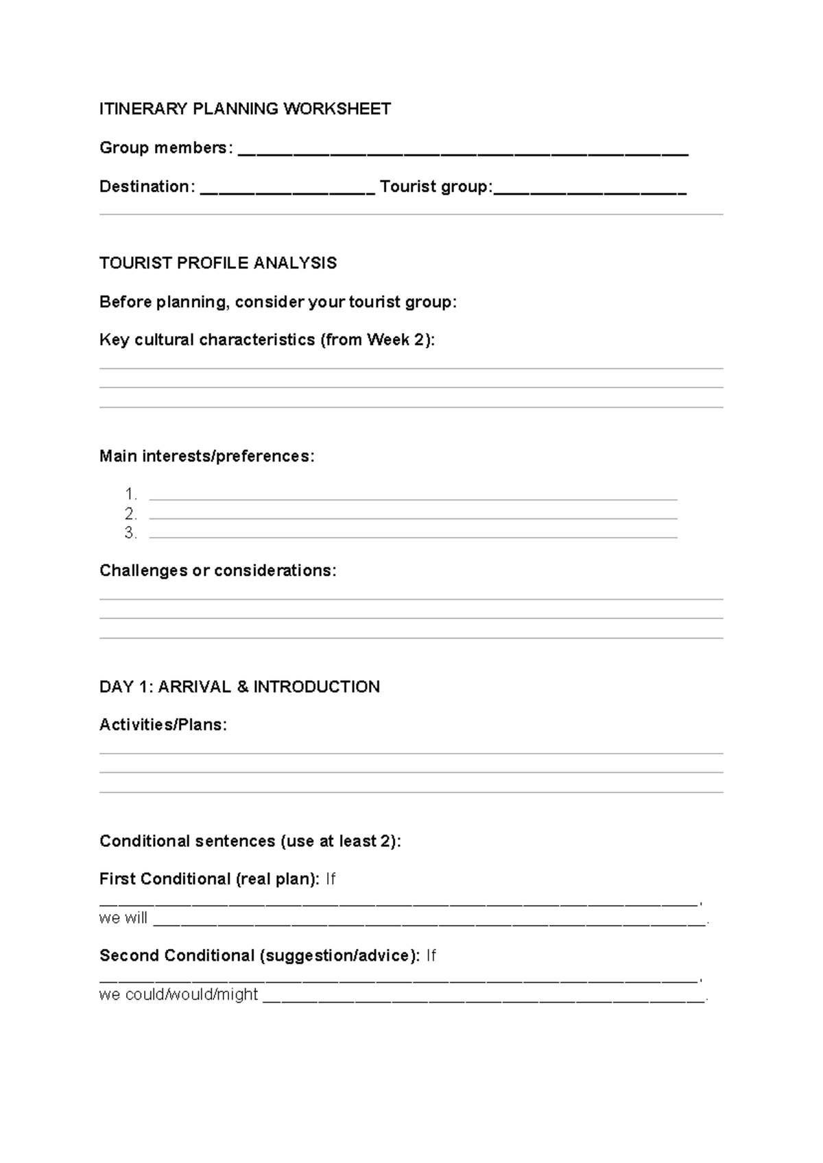 Lesson 7 - Itinerary Planning Worksheet for Cultural Tourists - Studocu