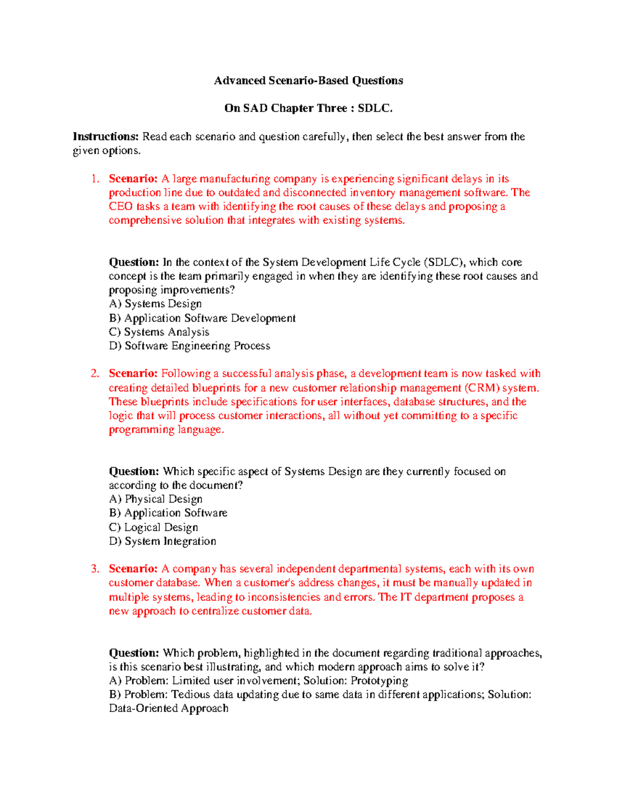 SAD CH3: Advanced Scenario Questions on SDLC Concepts - Studocu
