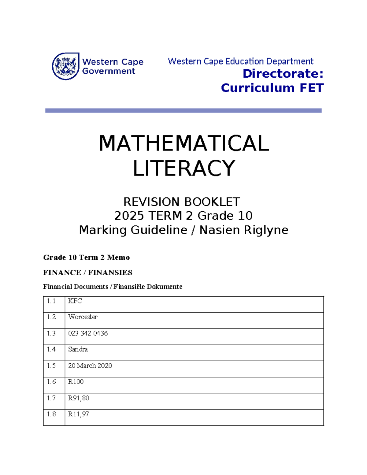 Mathematical Literacy GR 10 - Revision Booklet Term 2 2025 - Studocu