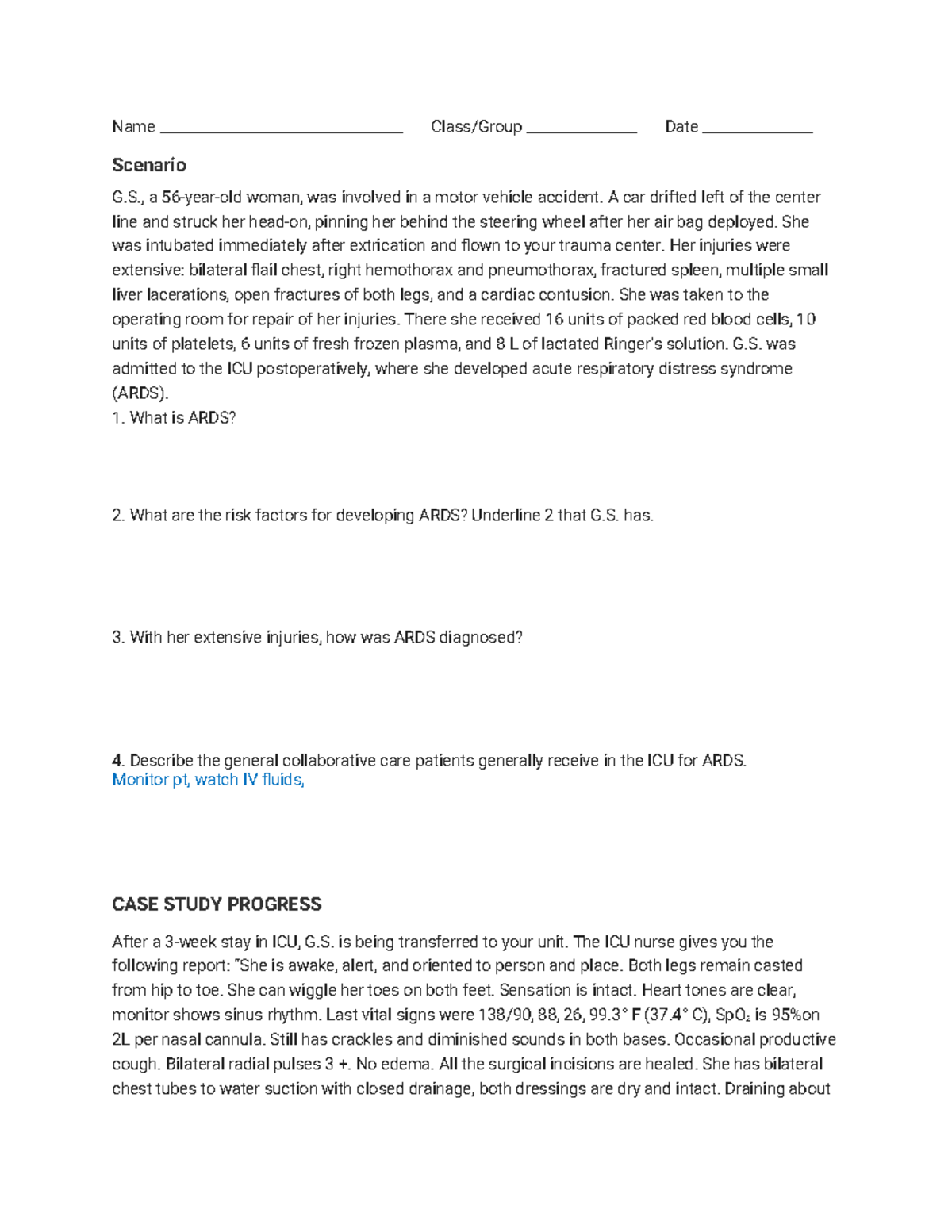 ARDS Case Study Progress for Patient G.S. – Analysis & Care Guidelines ...