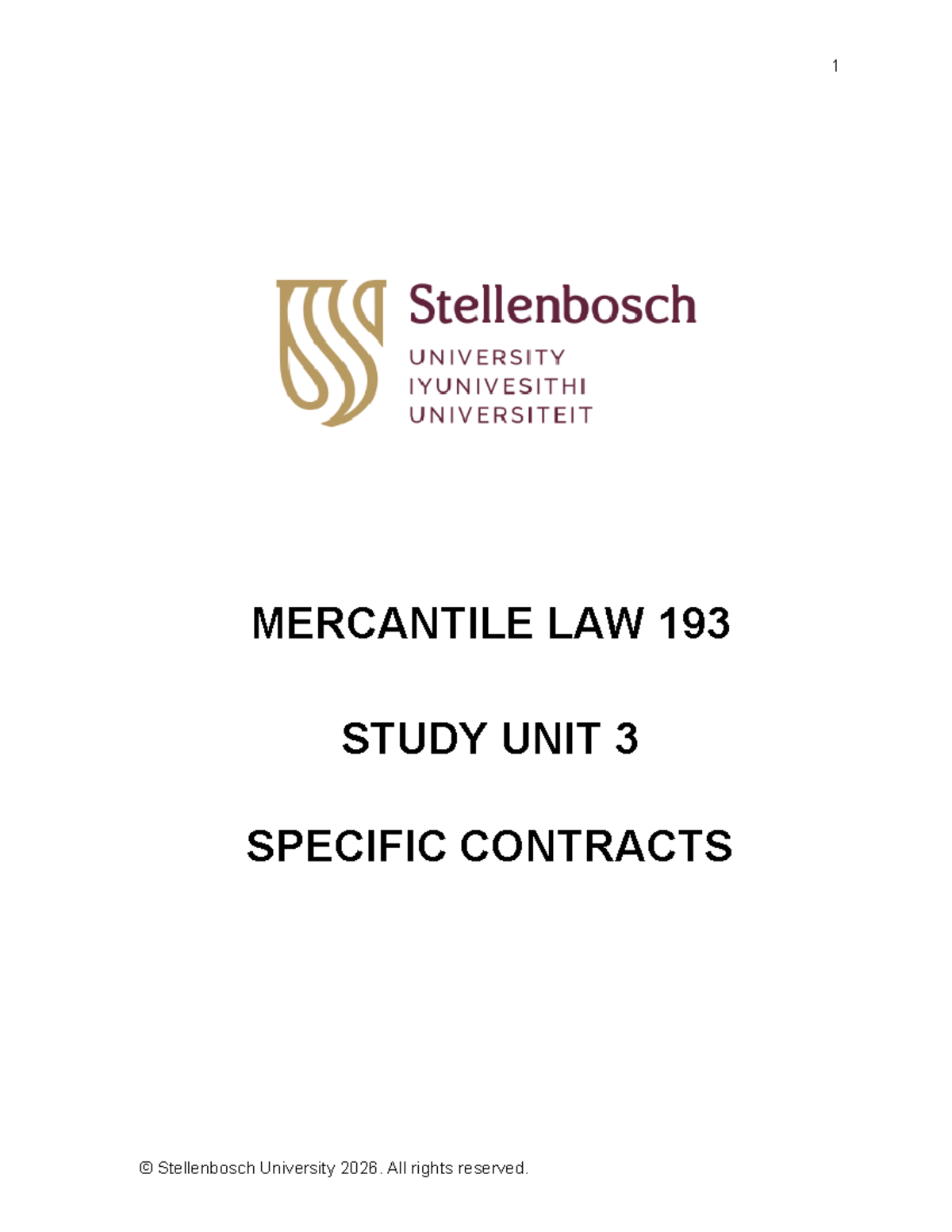 MERCANTILE LAW 193: Study Unit 3 - Specific Contracts - Studocu