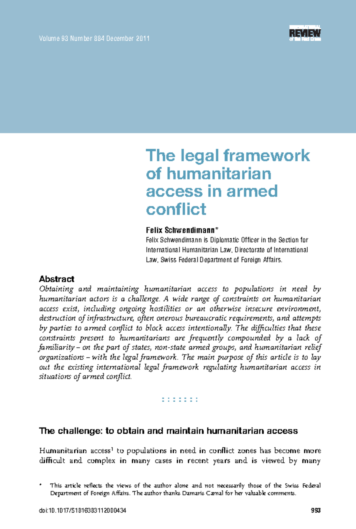 Legal Framework for Humanitarian Access in Armed Conflict (INTL 402 ...