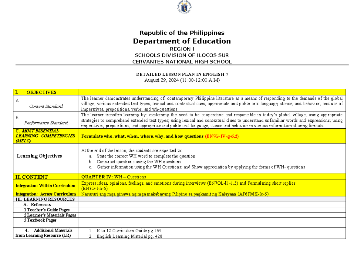 WH Questions Detailed Lesson Plan (DLP) for English 7 - Studocu