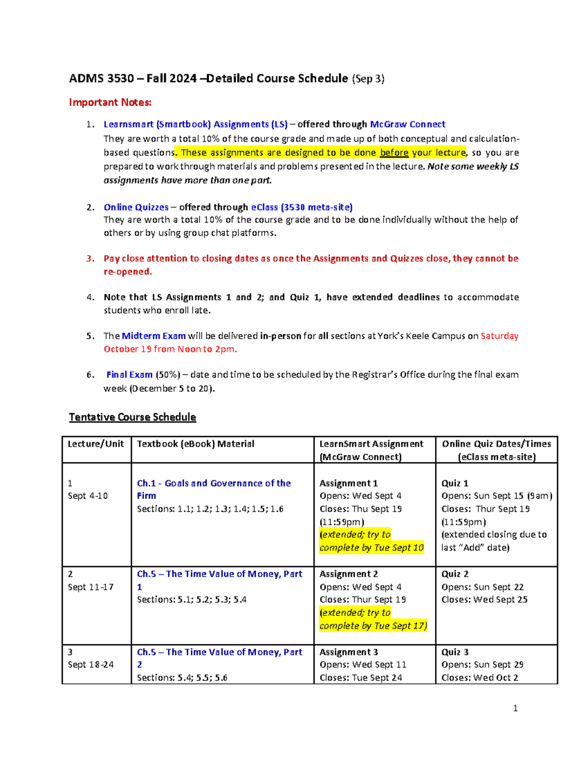 ADMS 3530-Fall 2024-Detailed Course Schedule & Important Dates - Studocu