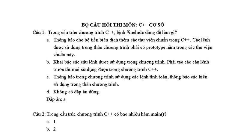 BỘ CÂU HỎI THI MÔN: CƠ SỞ C++ - Khoa CNTT - Studocu