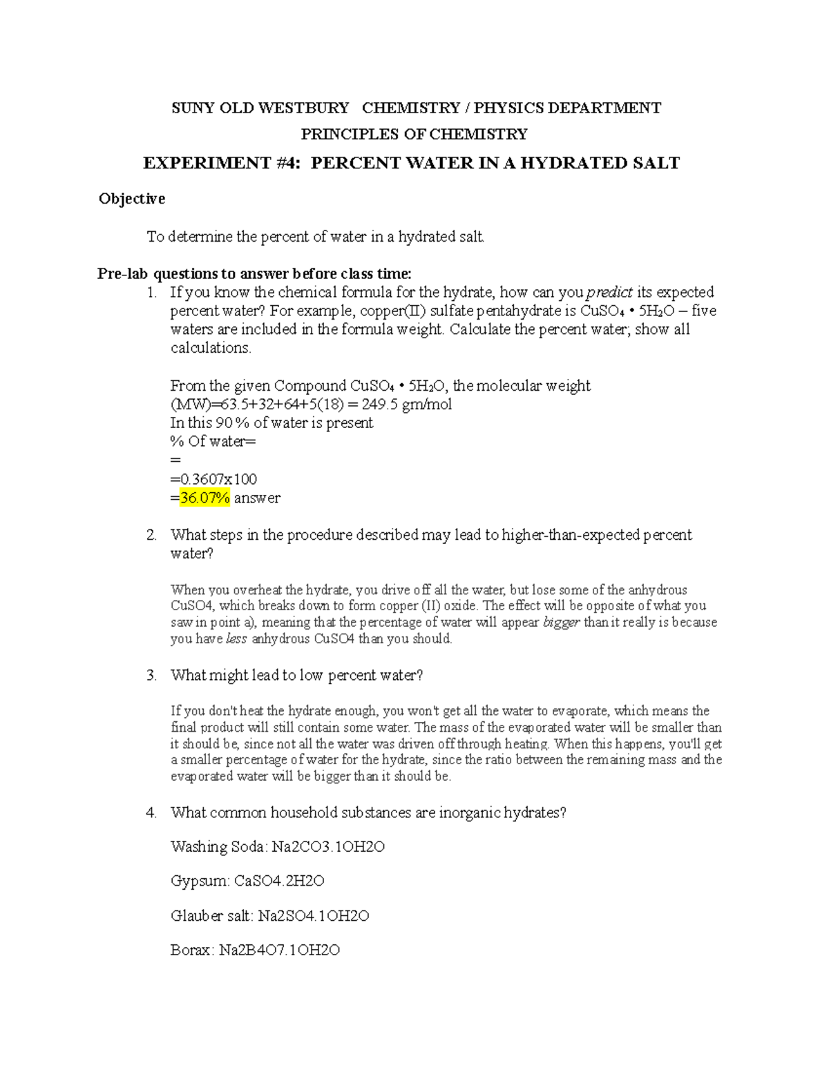 Pre-lab Questions for Chem 1 Lab: Hydrated Salt Experiment - Studocu