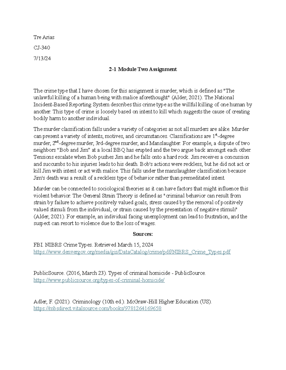 CJ-340 Module Two Assignment: Understanding Murder Classifications ...