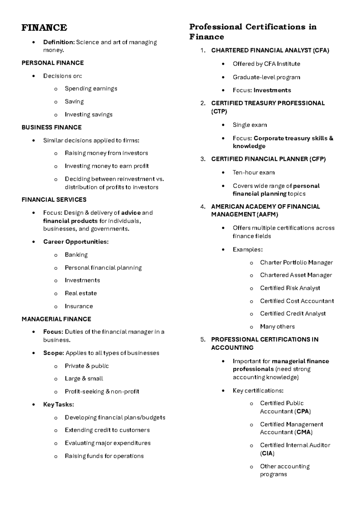 FINMAN Review Part 1: Key Concepts in Finance and Certifications - Studocu