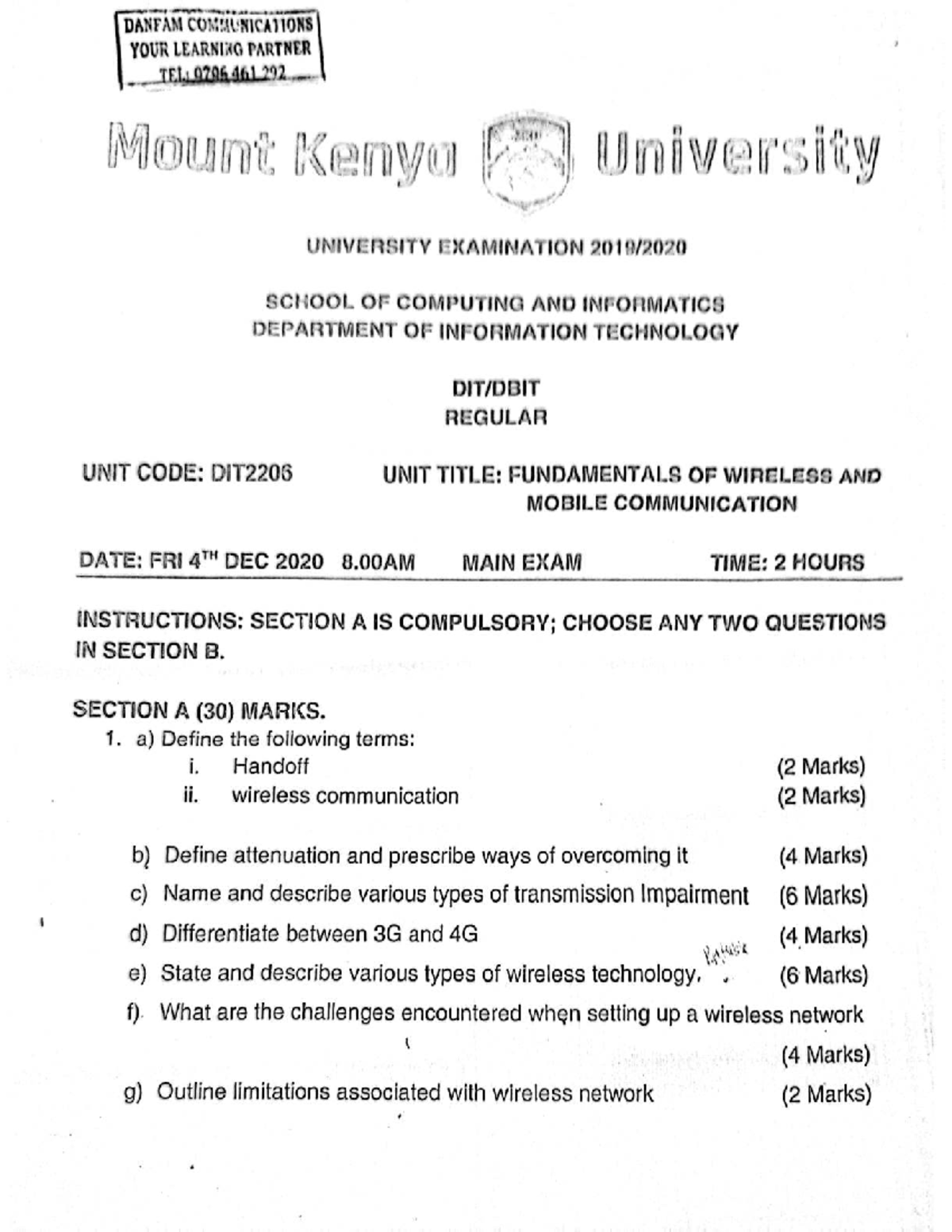 DIT2206 Final Exam: Fundamentals of Wireless & Mobile Communication ...