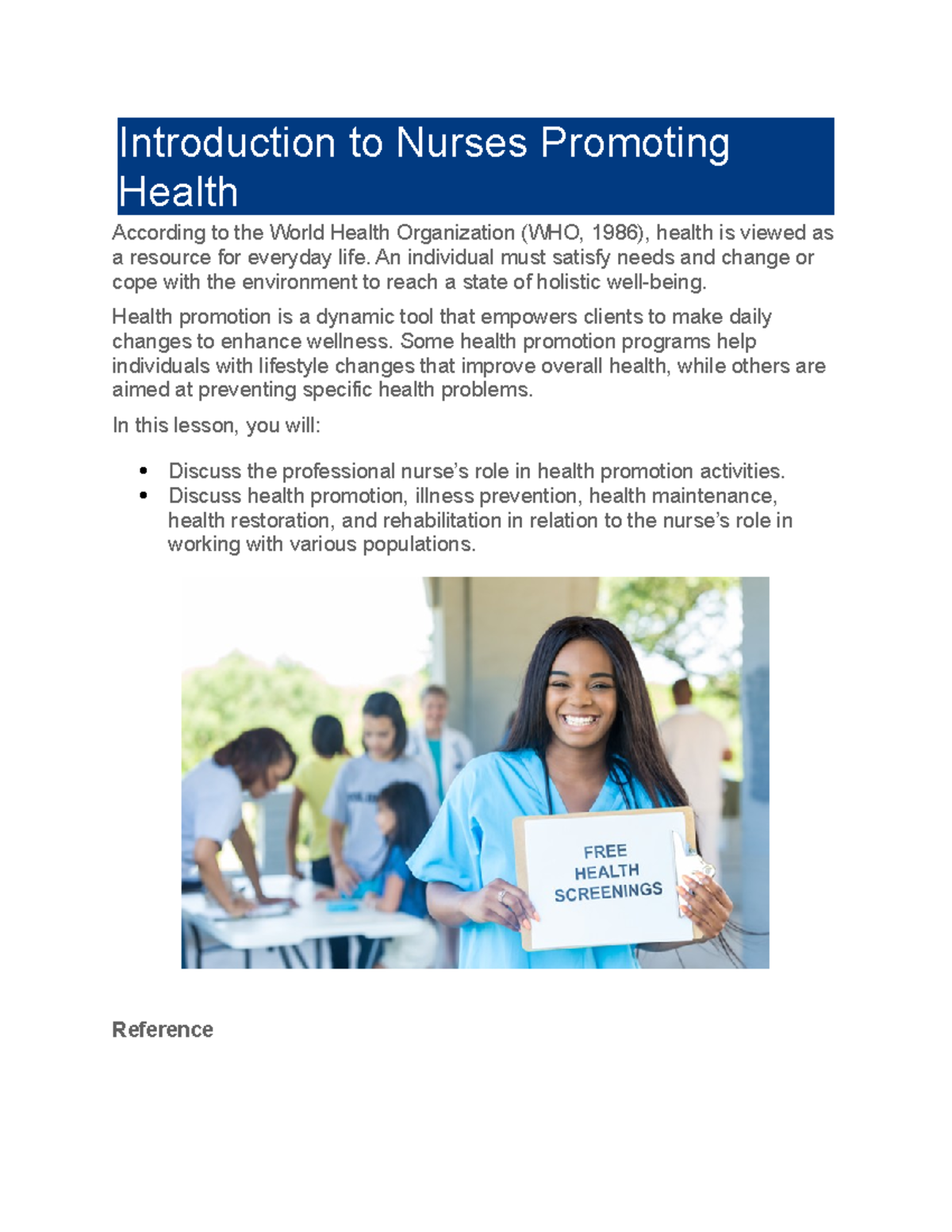 Edapt wk 1 Nurses as promoters of health - Introduction to Nurses ...