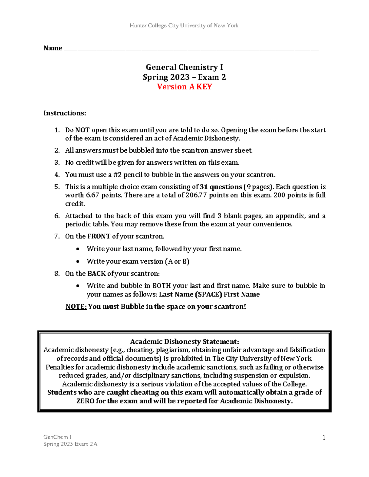 GenChem I CHEM 102 Spring 2023 Exam 2A Answer Key - Studocu