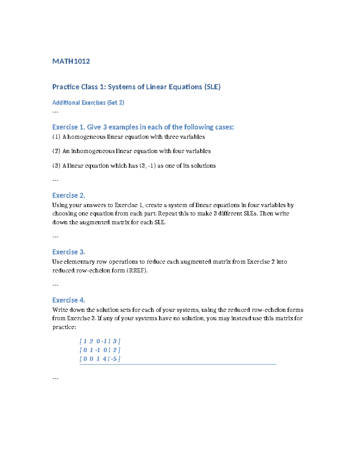 Additional Practice Questions - MATH Practice Class 1: Systems of ...