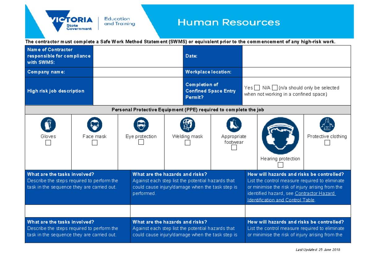 SWMS Blank Template for Construction Site Compliance - Studocu
