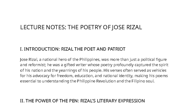 Rizal Poem Lecture Notes - LECTURE NOTES: THE POETRY OF JOSE RIZAL I ...