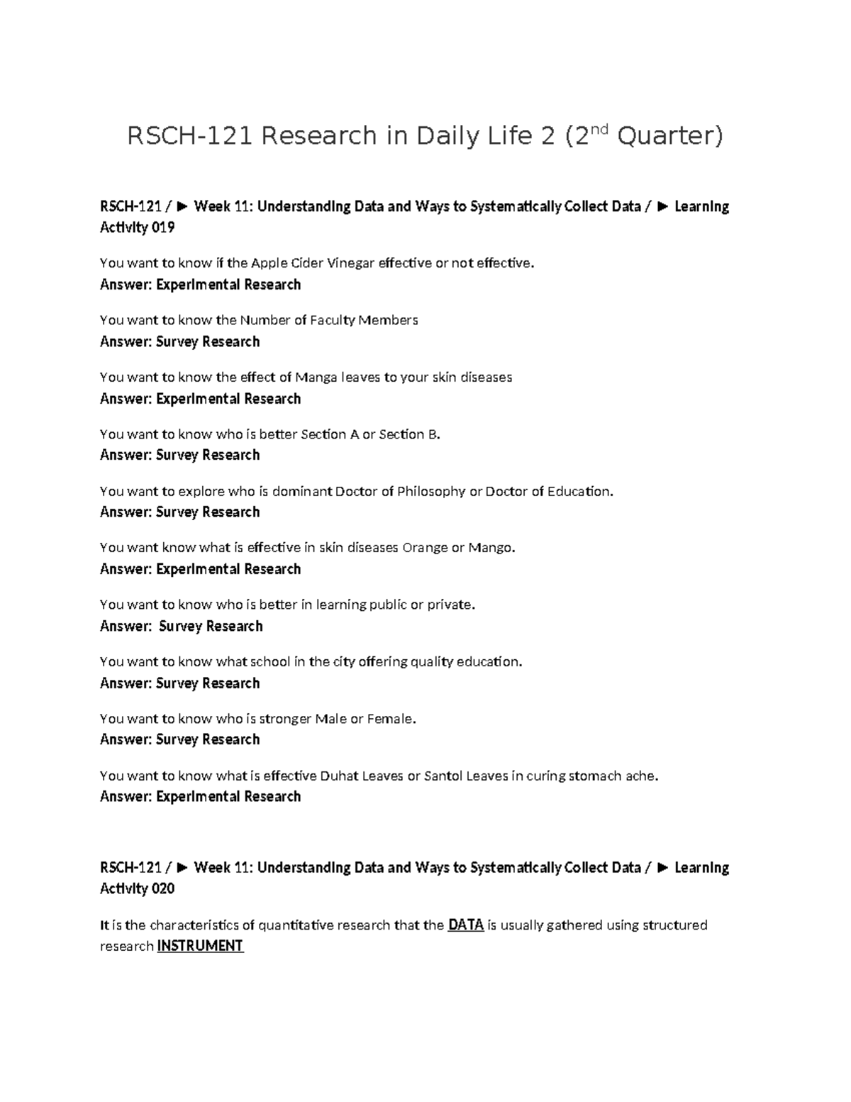 RSCH 121: Week 11-18 Learning Activities on Data Collection and ...