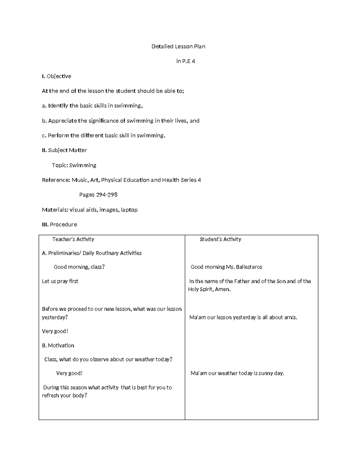 DLP- Detailed Lesson Plan on Swimming for P 4 Students - Studocu