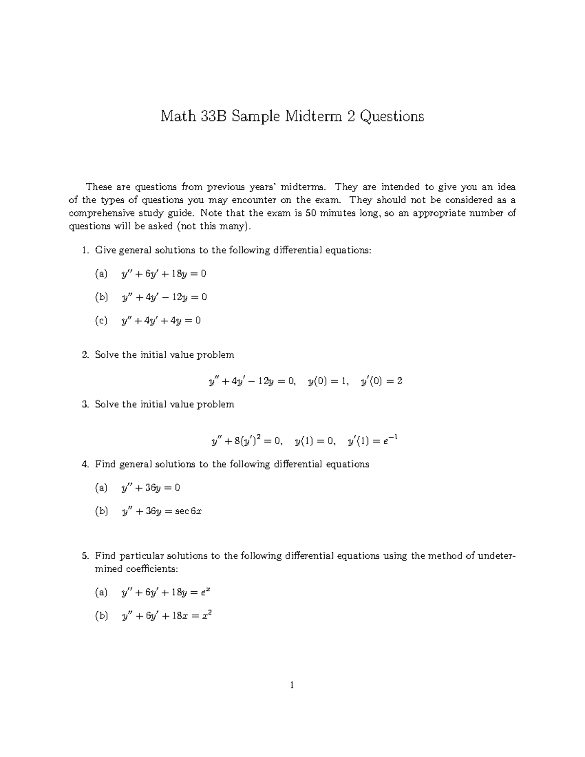 Math 33B Practice Midterm 2 Sample Questions & Solutions - Studocu