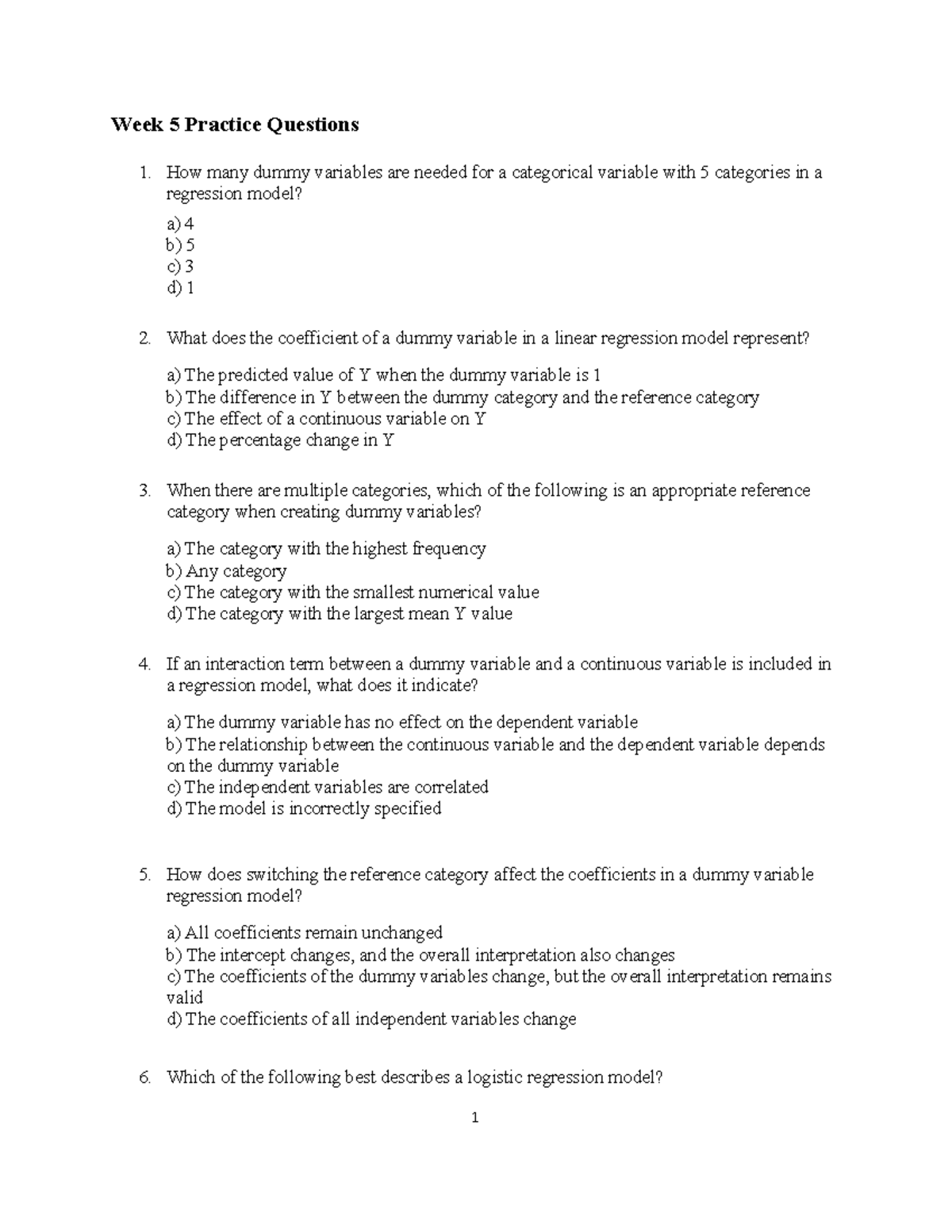 Week 5 Practice Questions: Dummy Variables & Regression Analysis - Studocu