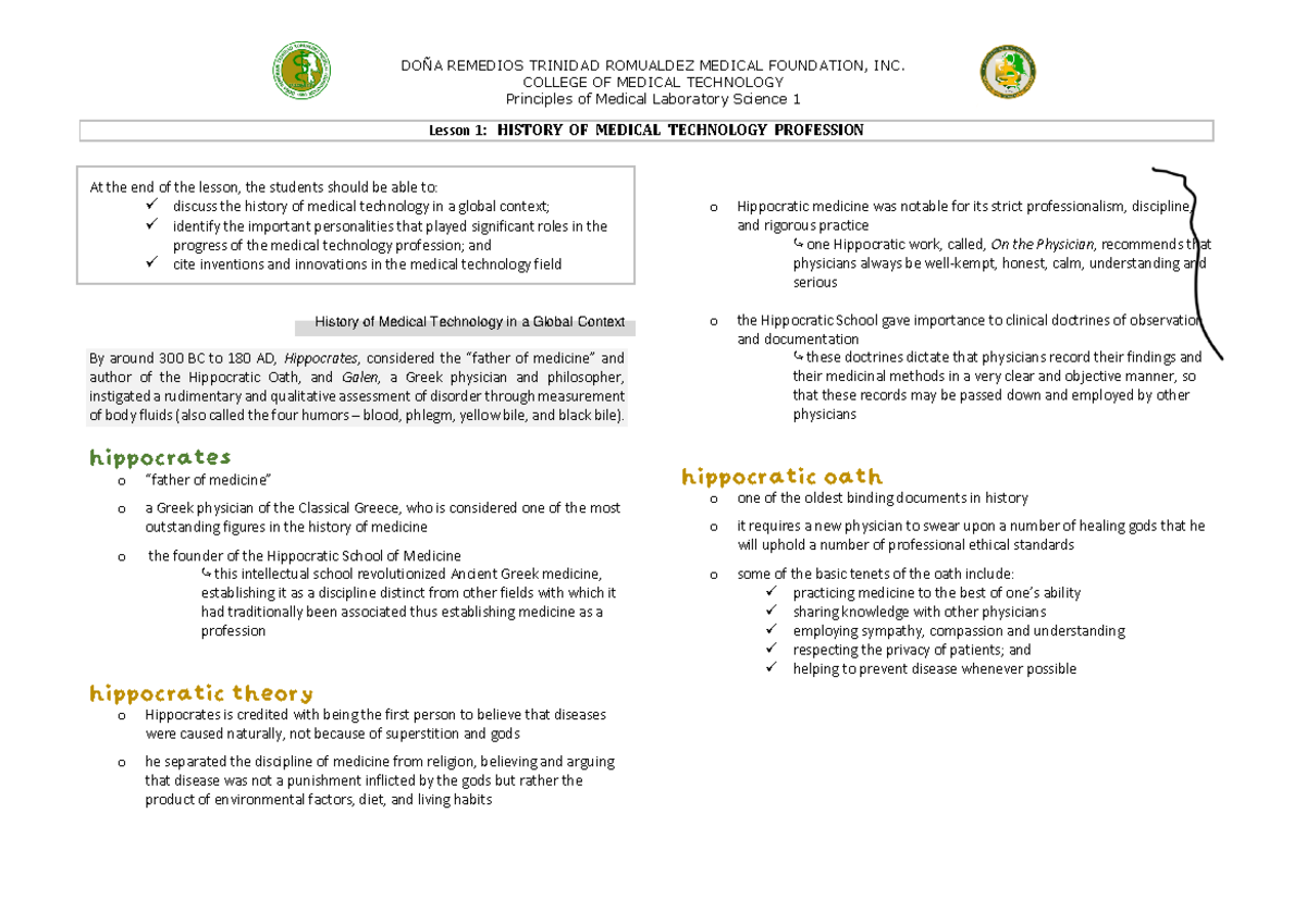 Lesson 1: History of Medical Technology (PMLS 1) - Studocu