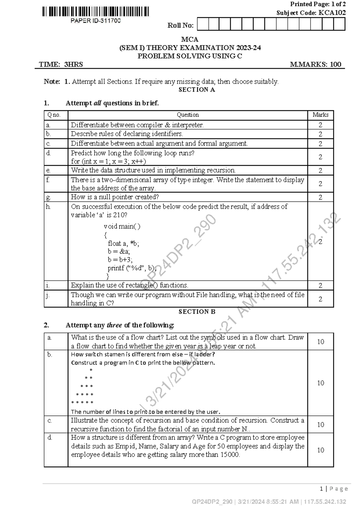 KCA102 MCA SEM I Theory Exam: Problem Solving Using C Notes - Studocu