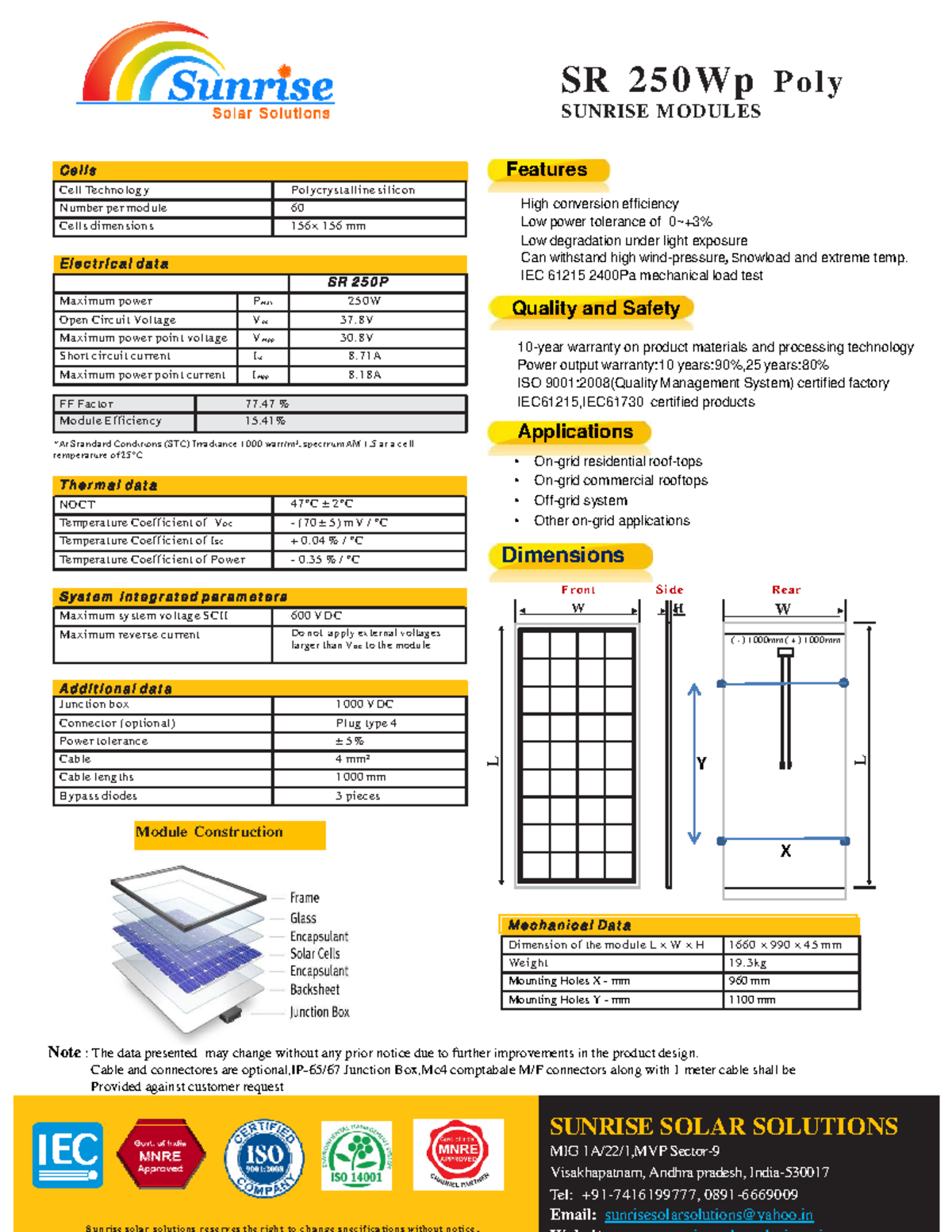 SR 250Wp Poly Solar Panel Specifications and Features Overview - Studocu