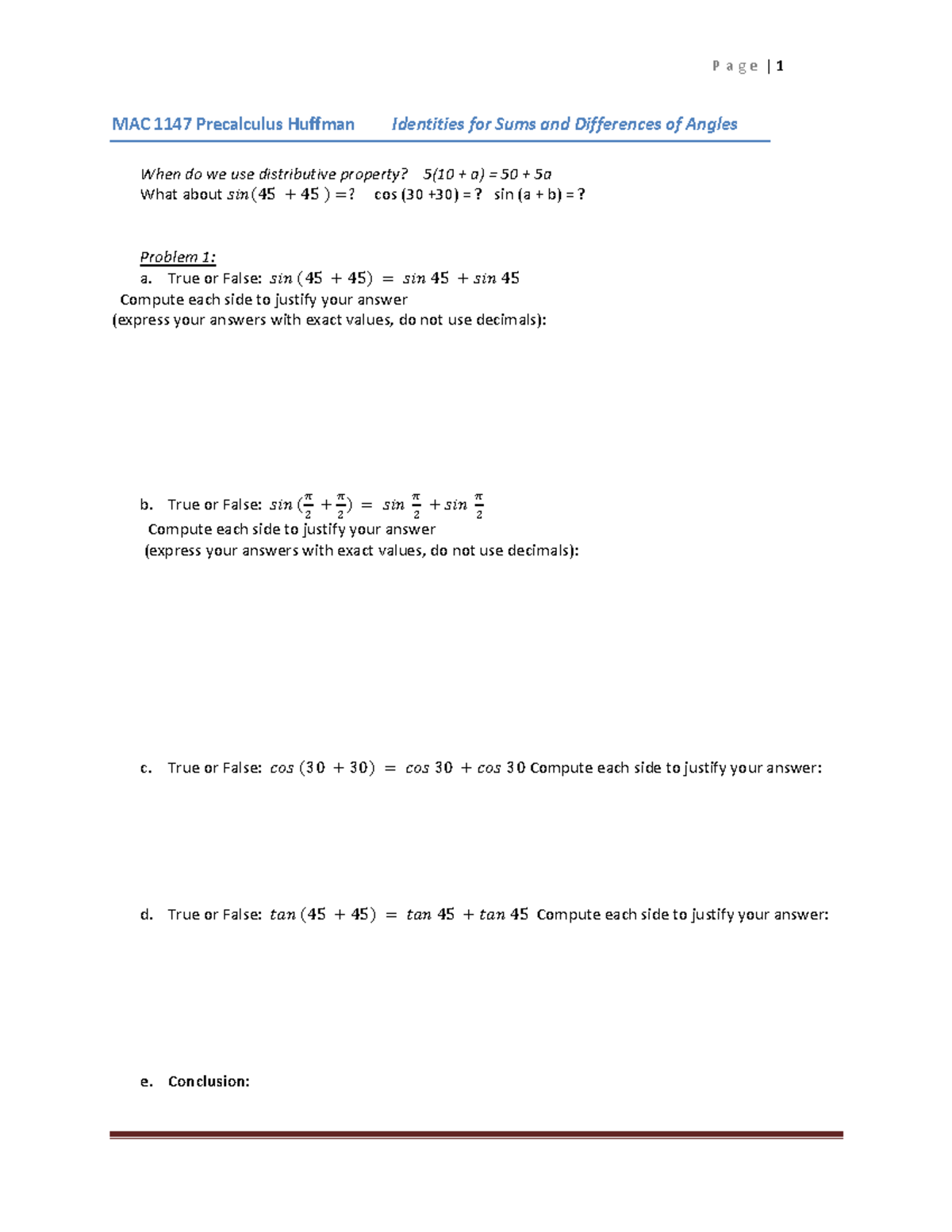 MT 1190 – Precalculus: Identities for Sums and Differences of Angles ...