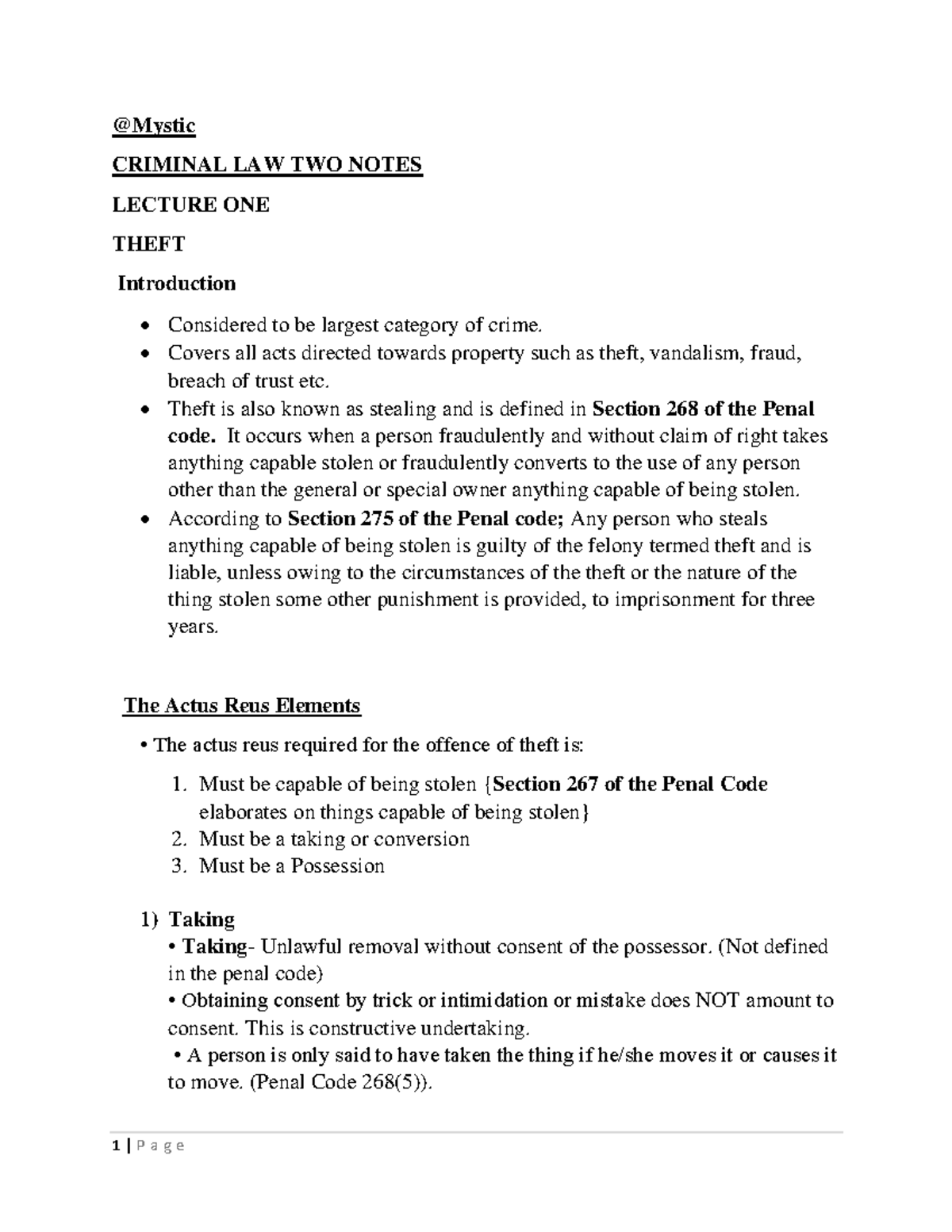 CRIMINAL LAW 2: LECTURE NOTES ON THEFT AND ROBBERY - Studocu