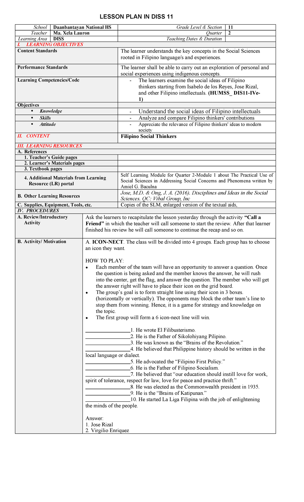 DLP Grade 11: Lesson Plan on Filipino Social Thinkers and Ideas - Studocu