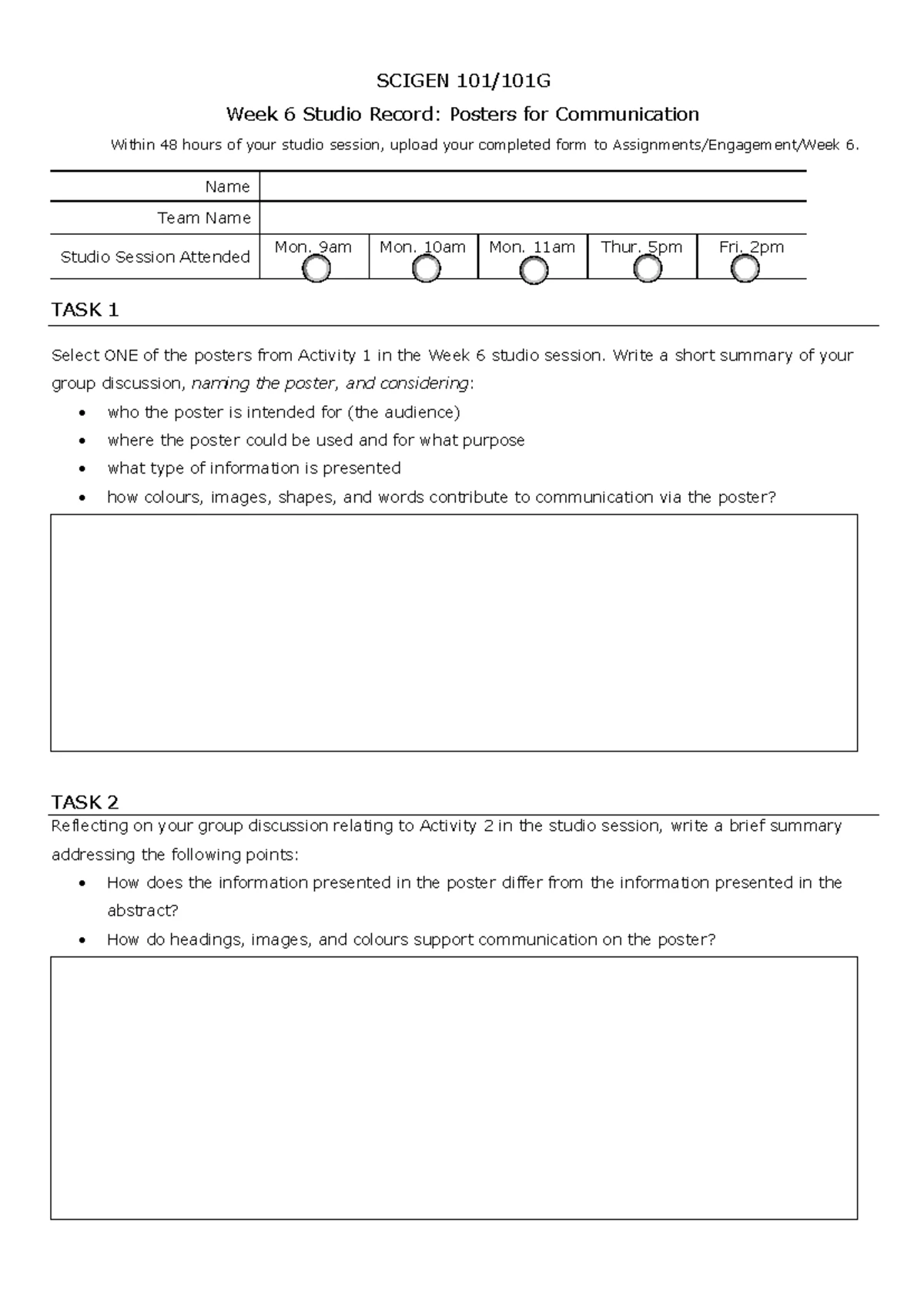 Week 6 - SCIGEN 101 Studio Completion Form: Poster Summary - Studocu