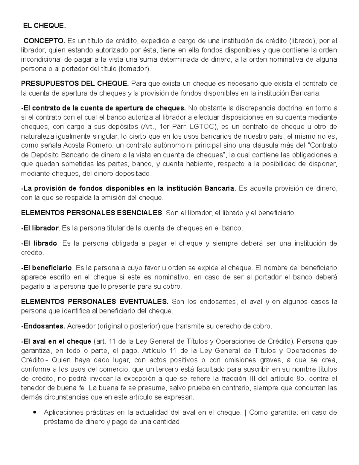 Notas sobre el Cheque: Conceptos y Elementos Esenciales (Curso: Leyes ...
