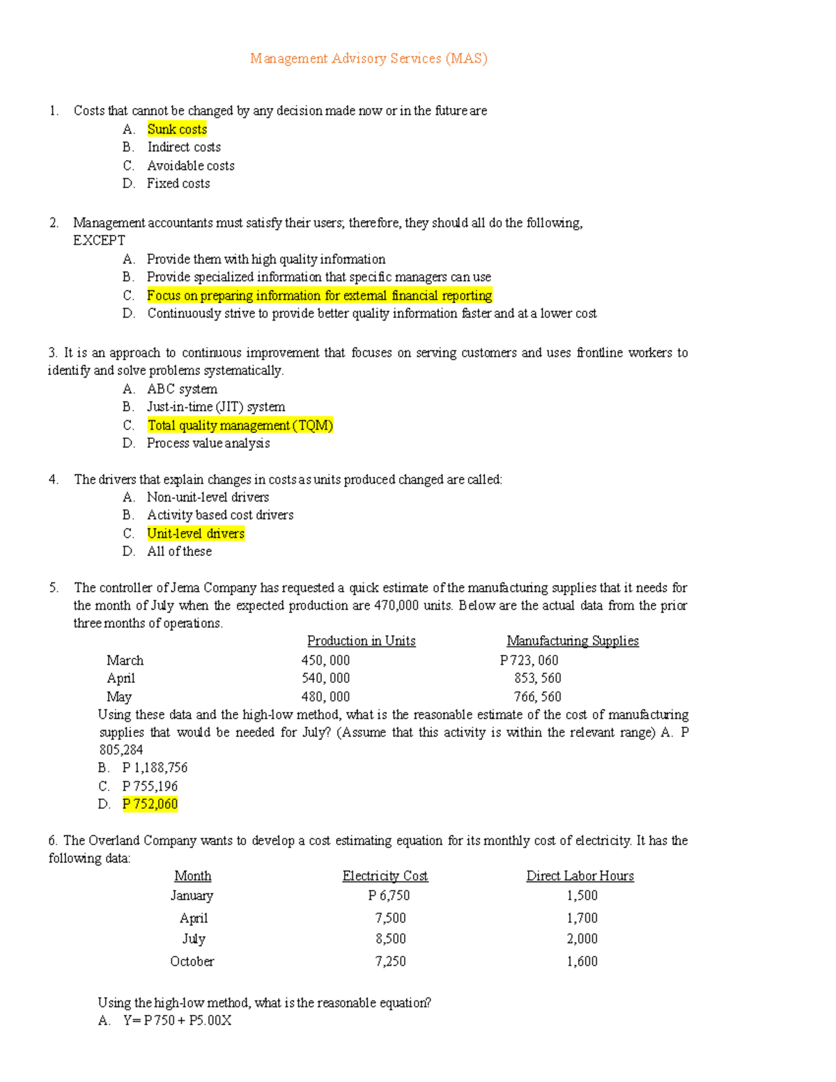 MS Quiz - MAS Reviewer for Management Accounting Concepts - Studocu