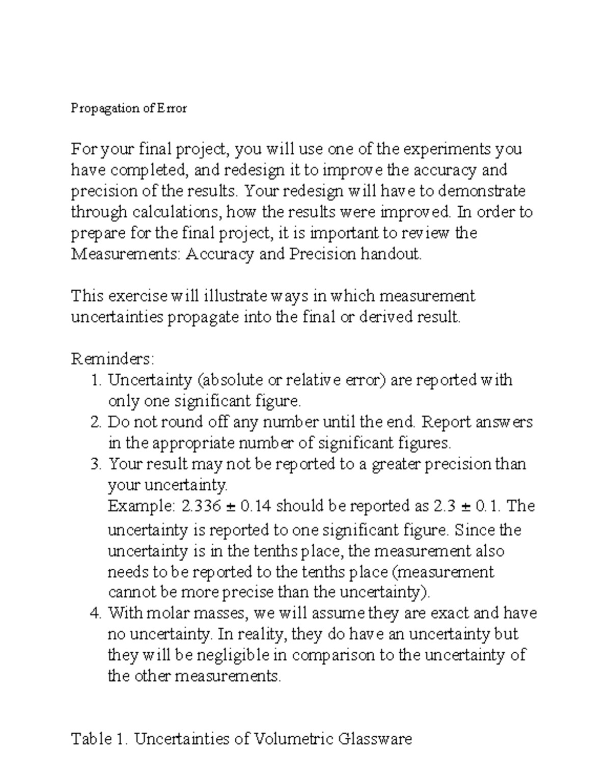 Propagation of Error Worksheet for Final Project Analysis - Studocu
