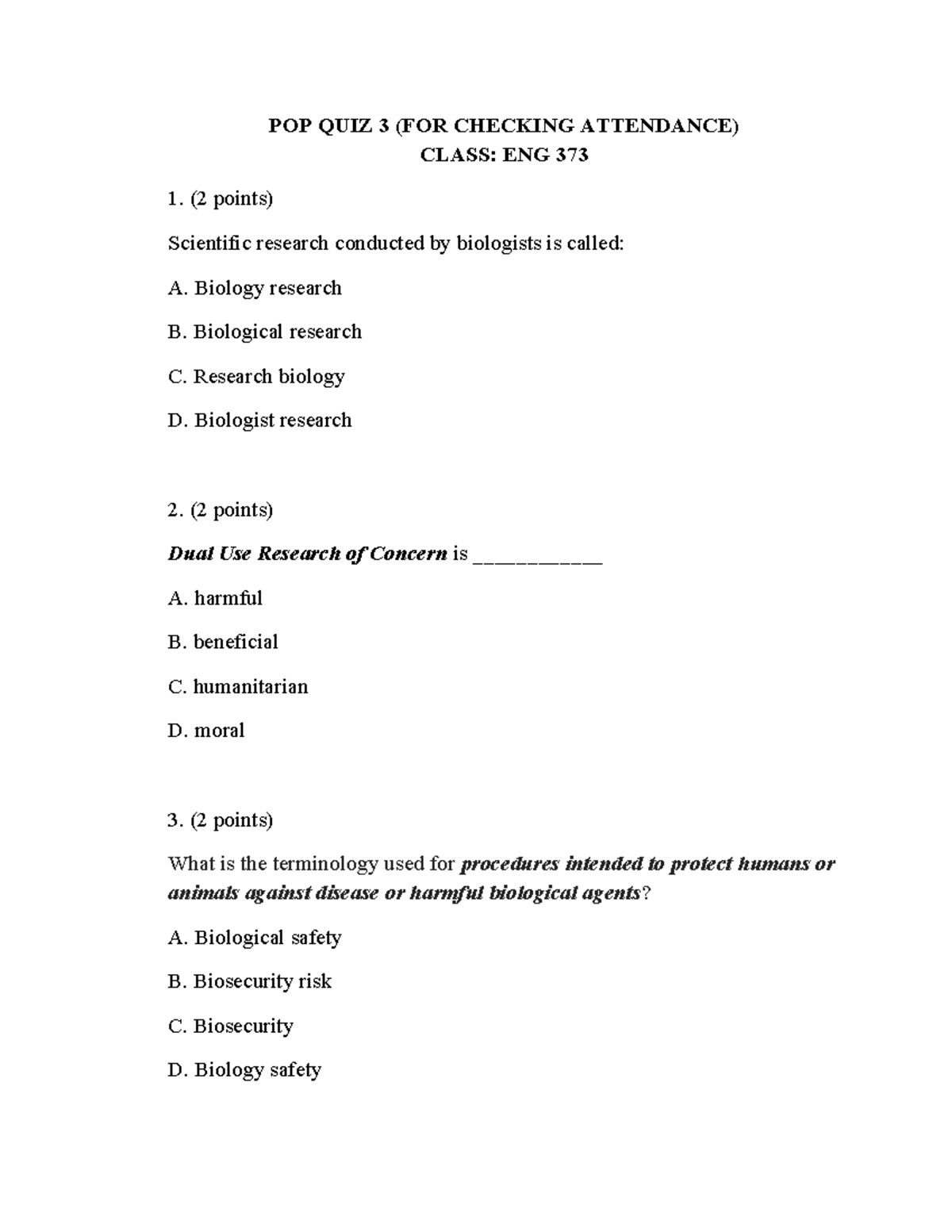 POP QUIZ 3 ENG 373 - Attendance Check & Scientific Research Concepts ...