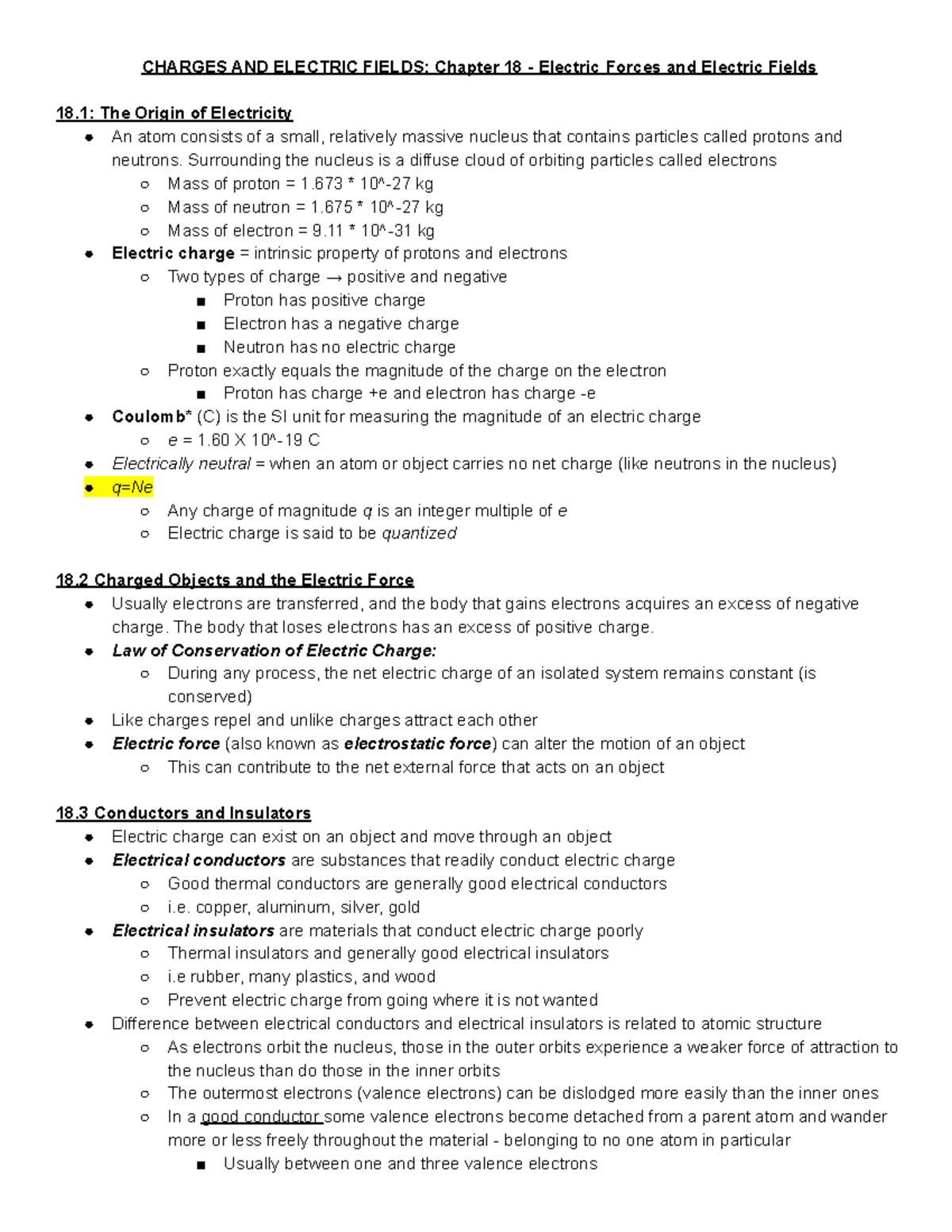 Physics 154 Chapter 18 Exam 1 Notes: Electric Forces & Fields - Studocu