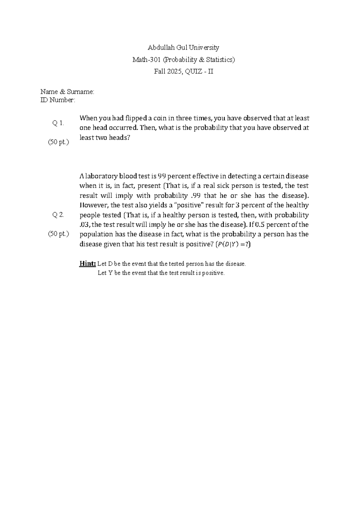 QUIZ II - MATH301 - Probability Statistics Fall 2025 - Studocu