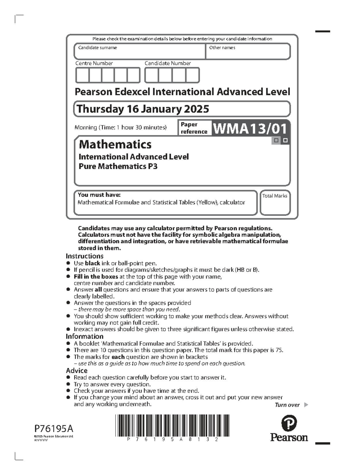 P3 Mathematics Paper - Jan 2025 Exam Details and Instructions - Studocu
