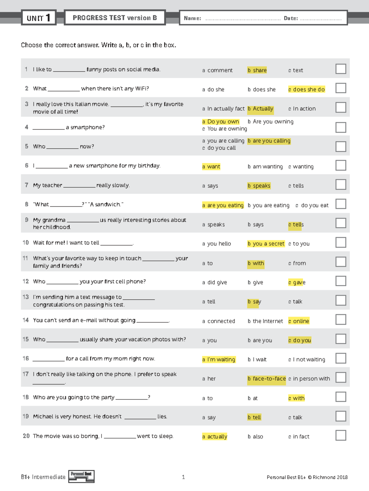 PB Am E B1 Unit Test U1 Version B - Progress Test Questions - Studocu
