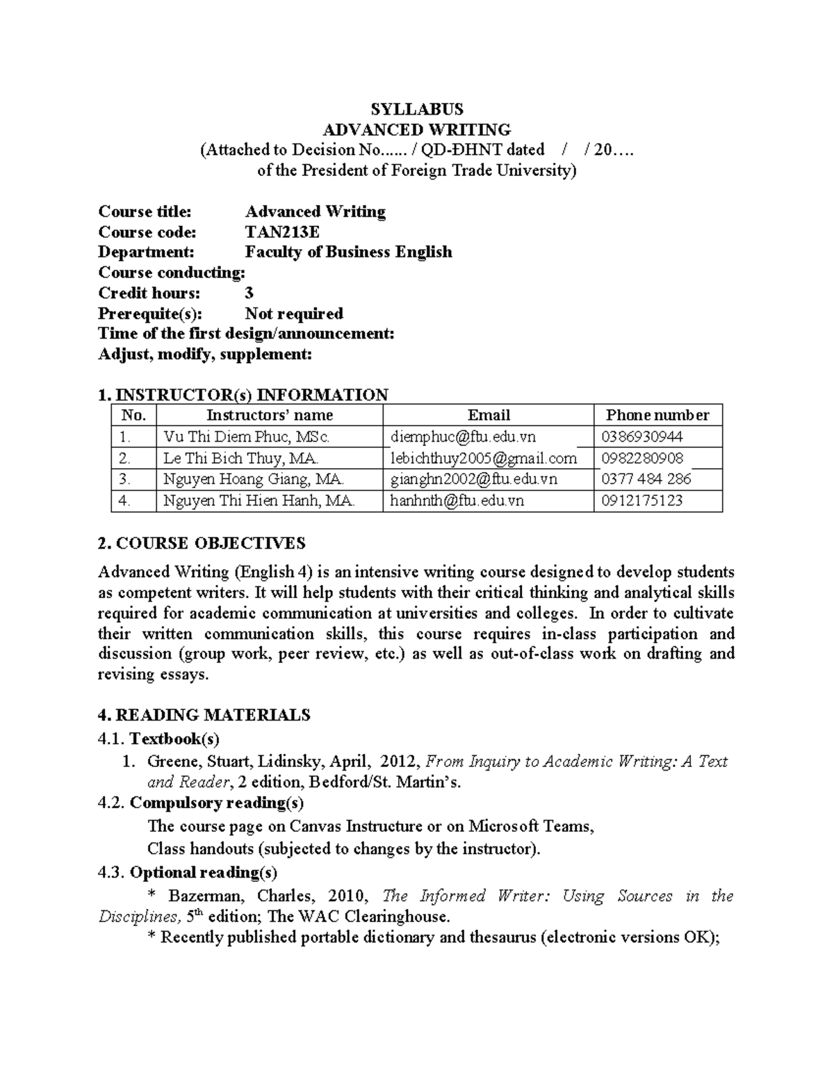 Advanced Writing Syllabus TAN213E - VJCC 2023 - Studocu