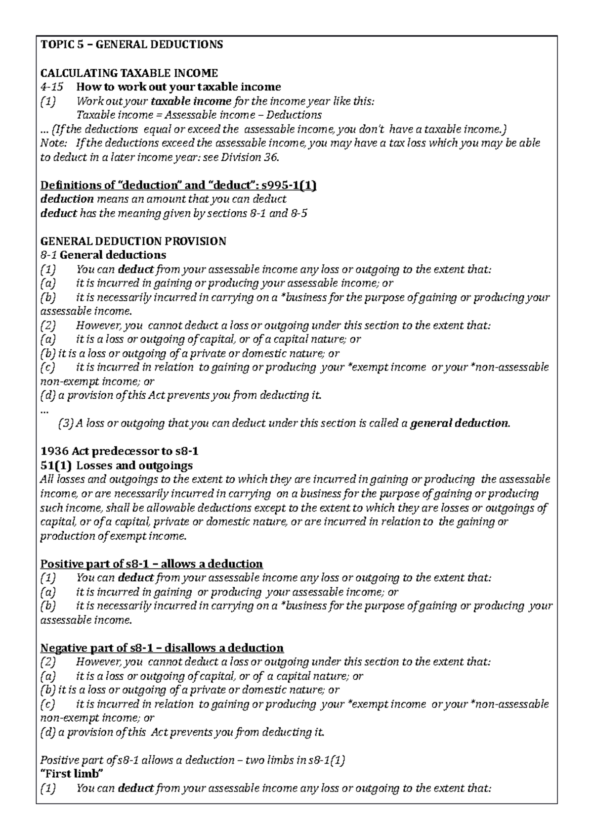 ITL Topic 5 Notes: Understanding General Deductions in Taxation - Studocu